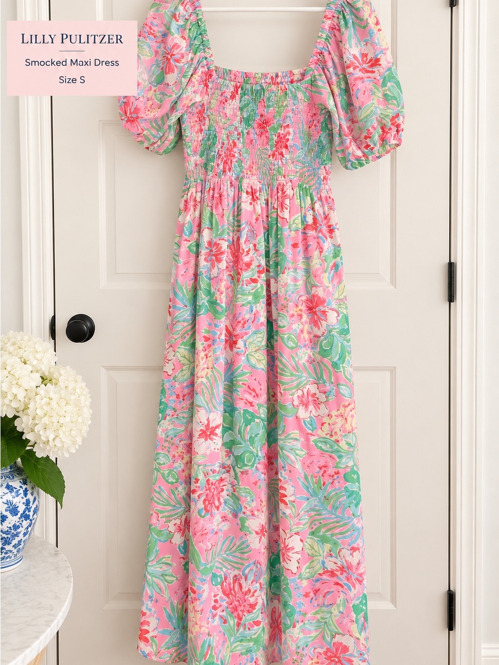 Lilly Pulitzer Pink & Green Floral Smocked Maxi Dress with Puff Sleeves